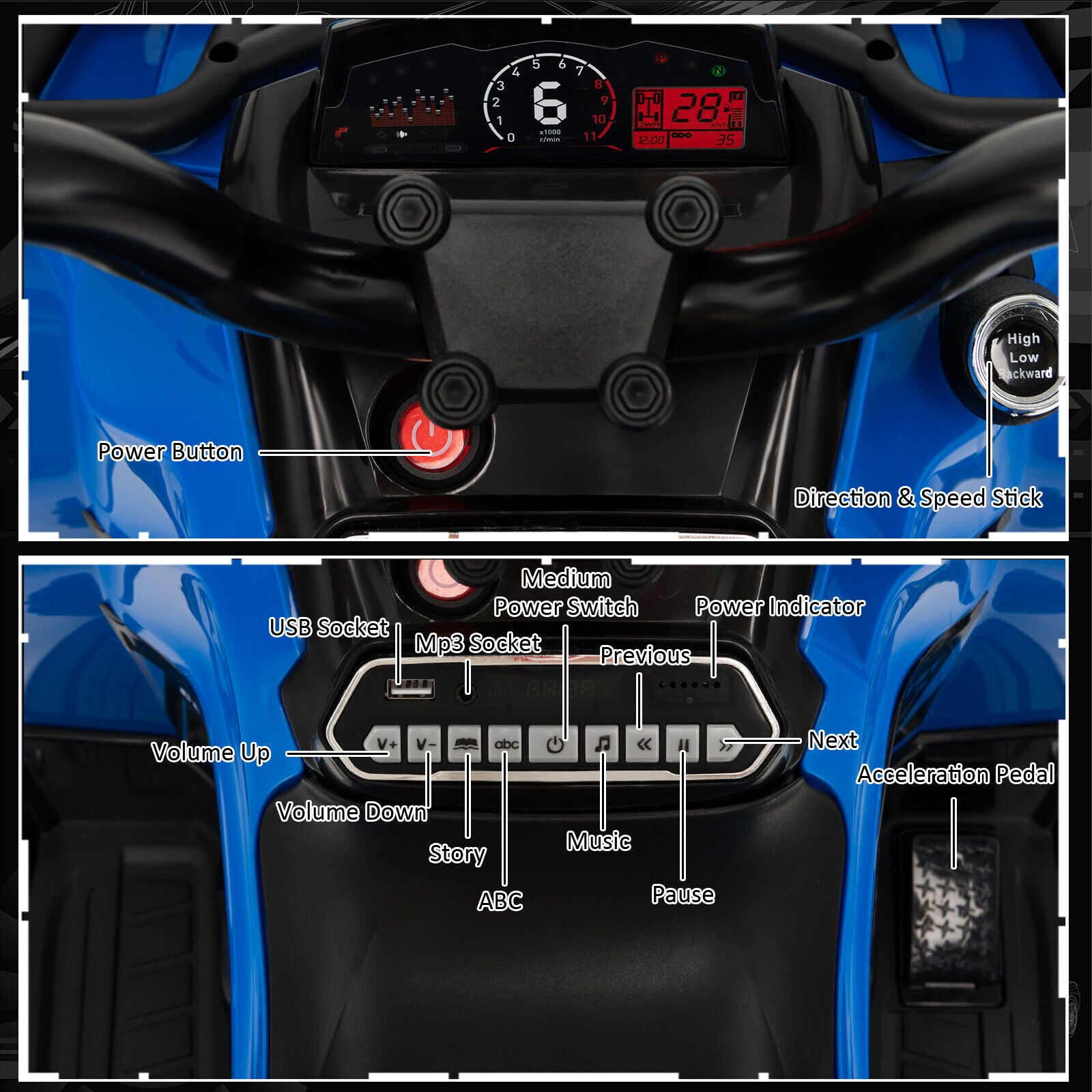Control panel of a blue scooter with labeled buttons and display.