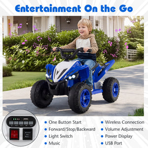 Child riding a blue toy car with entertainment features, outdoors.