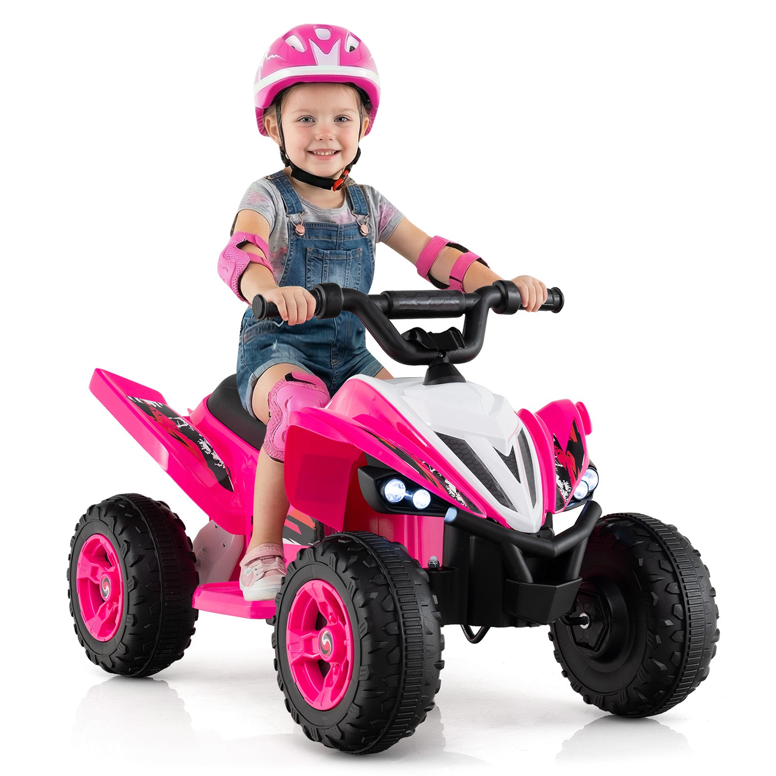 Child riding a pink toy ATV with safety gear on a white background
