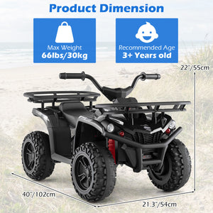 Children's ATV with product dimensions and weight capacity on a light background
