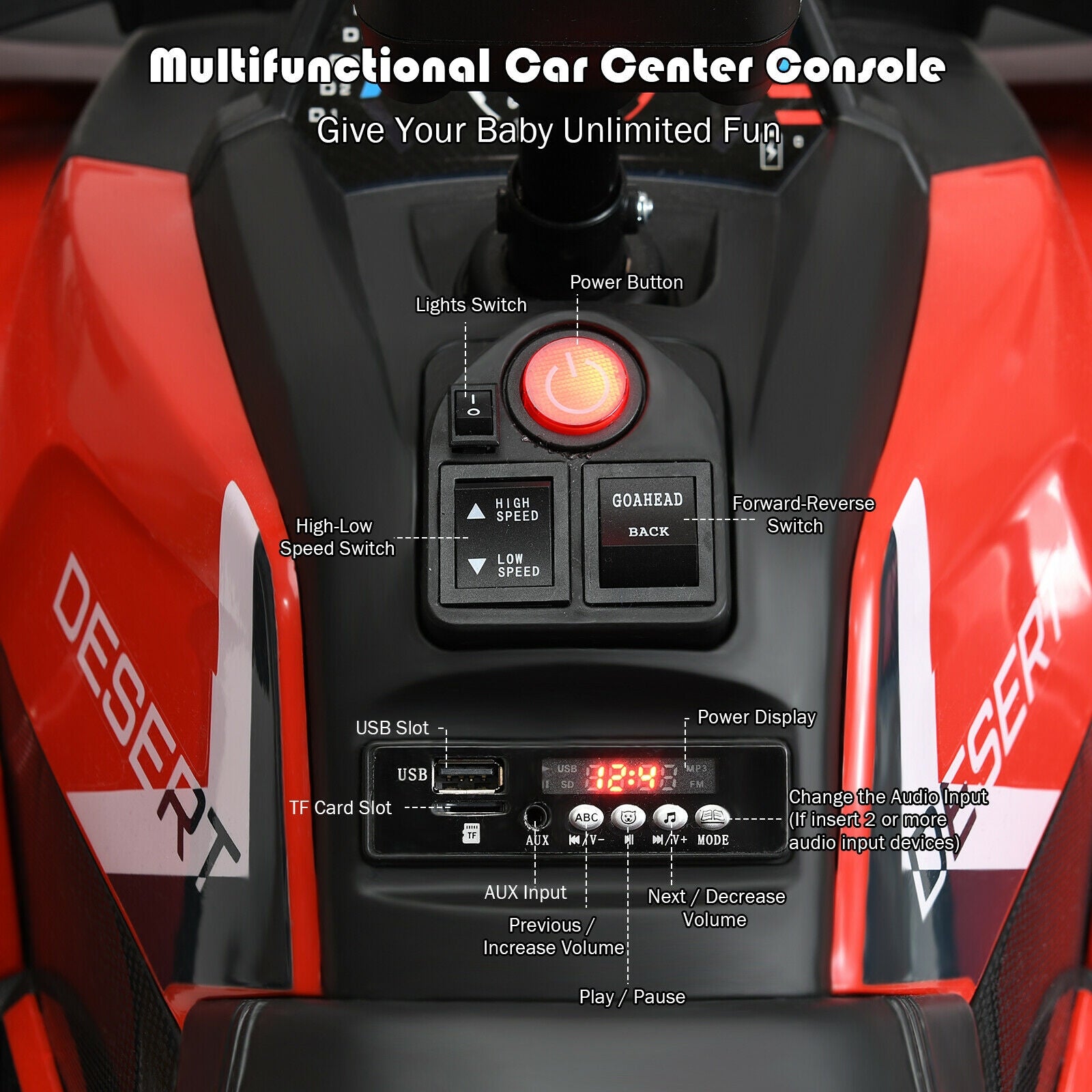 Multifunctional car center console with labeled buttons and features, featuring the brand 'Desert RT'.