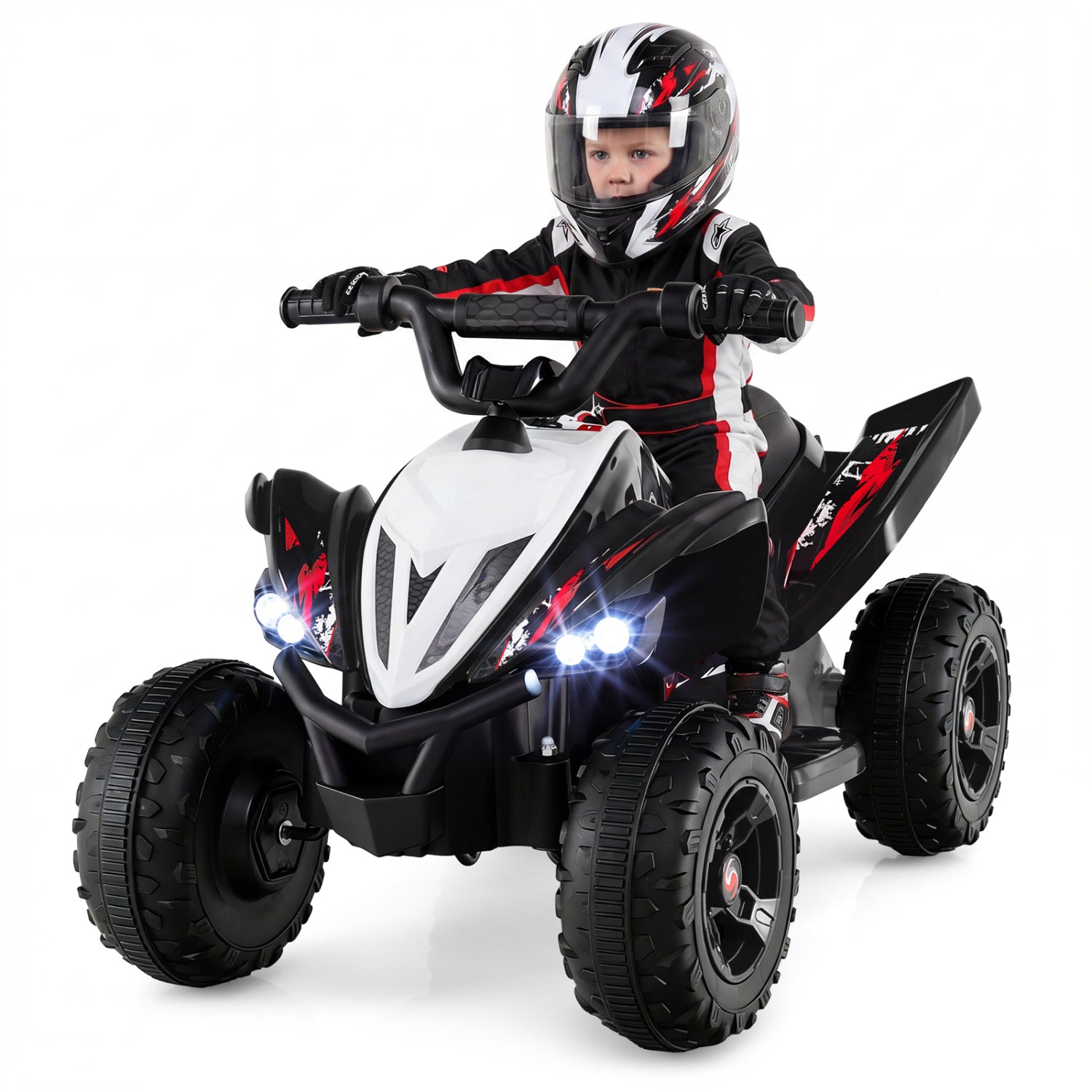Child riding a toy ATV with lights on a white background
