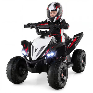 Child riding a toy ATV with lights on a white background