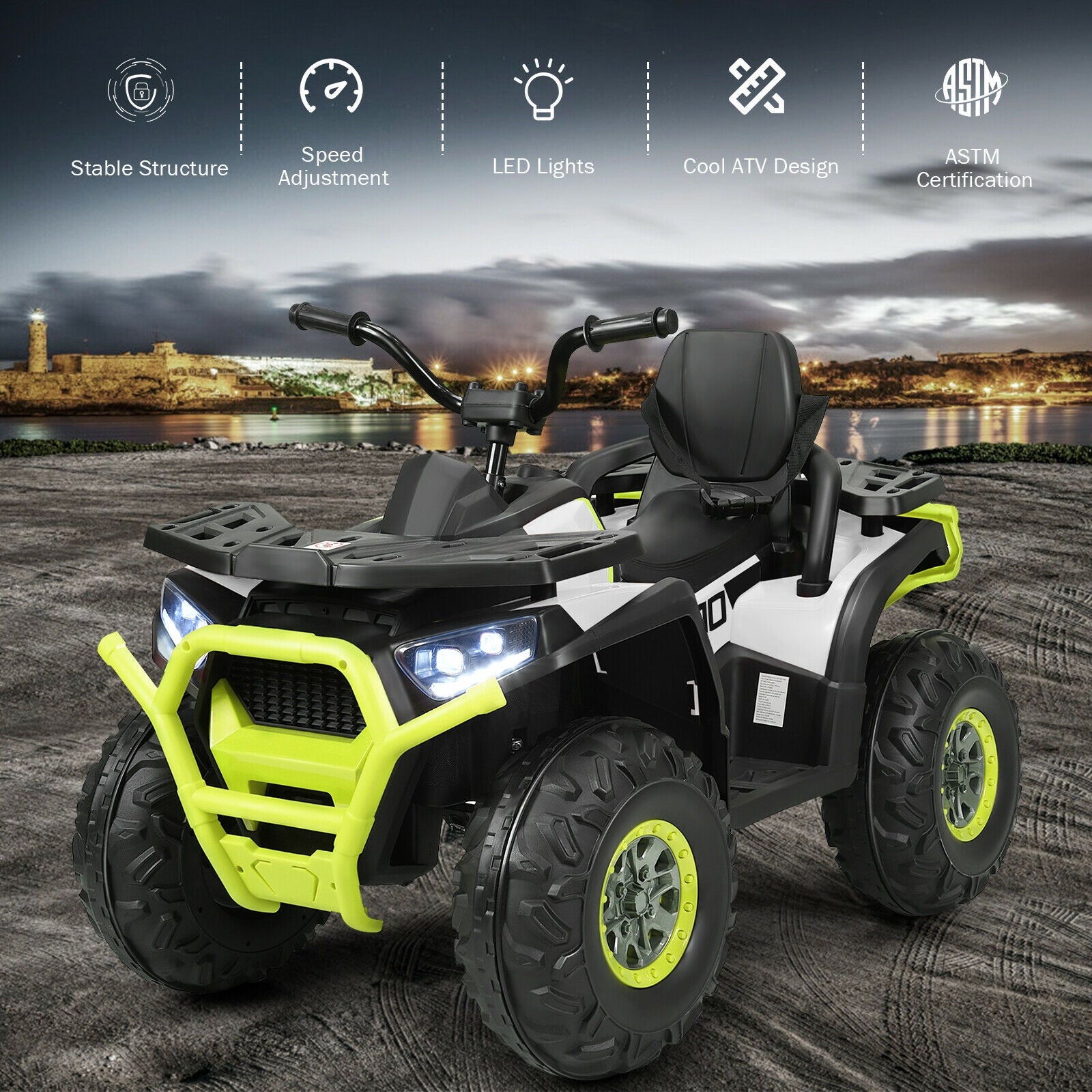 Children's ATV with features listed on a scenic background