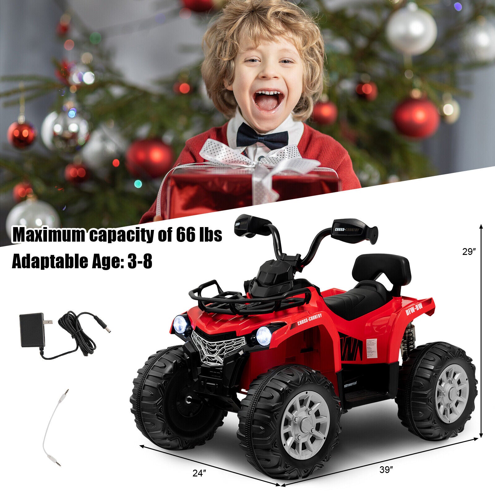 Child in a red coat with a toy gift, red toy ATV with charging cable, and Christmas tree in the background.