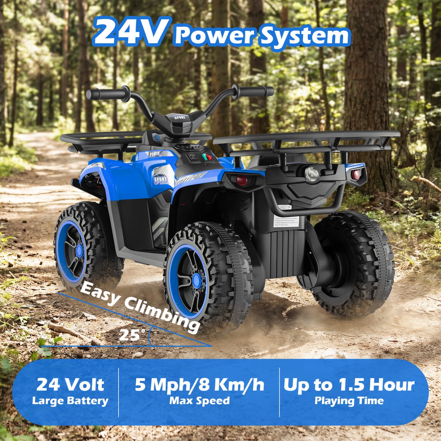 Blue and black ATV in a forest with 24V power system text and specifications.