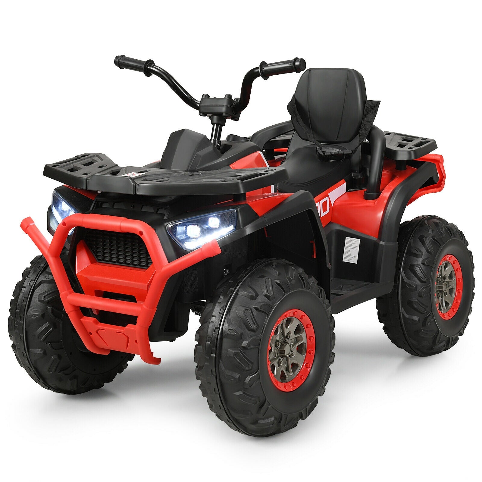 Red and black toy ATV on a white background
