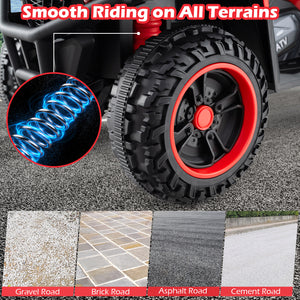 ATV tire with red rim on a road surface, showing its suitability for various terrains.
