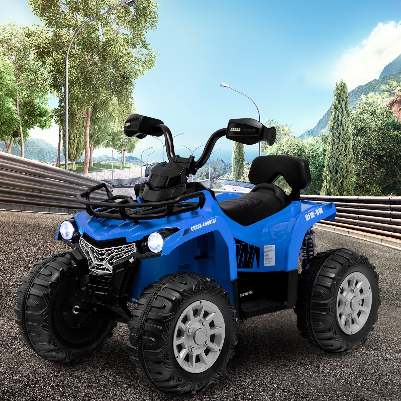 Blue toy ATV on a road with a scenic background