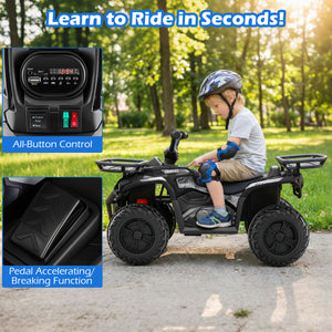 Child riding a toy ATV with control panel inset and outdoor setting