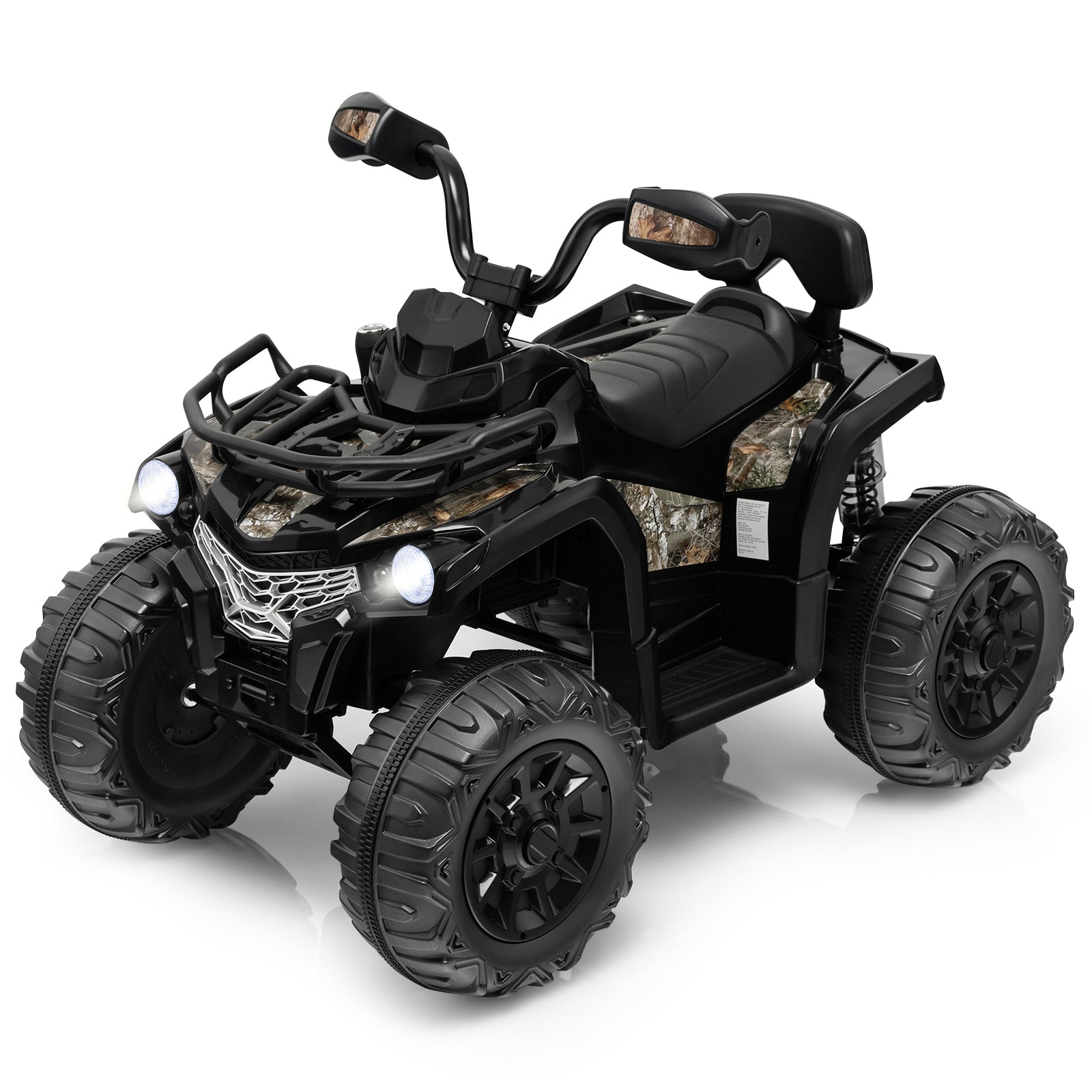 Black and camouflage toy ATV on a white background
