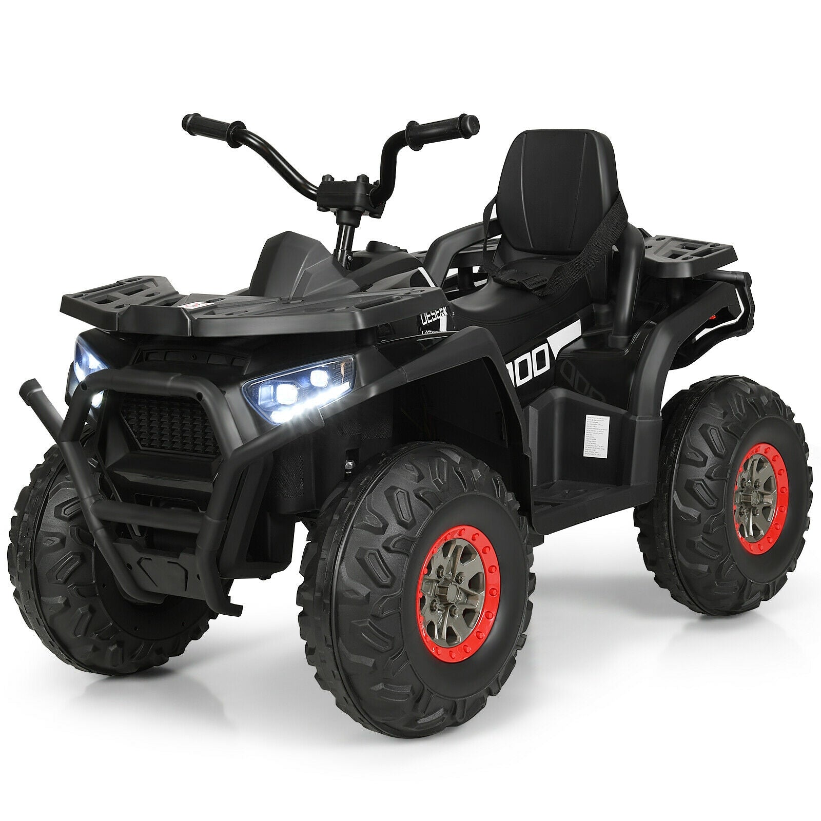 Black toy ATV with red accents on a white background
