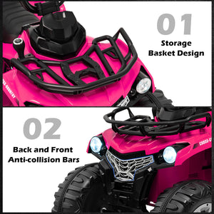 Pink toy ATV with storage basket design and anti-collision bars on a white background