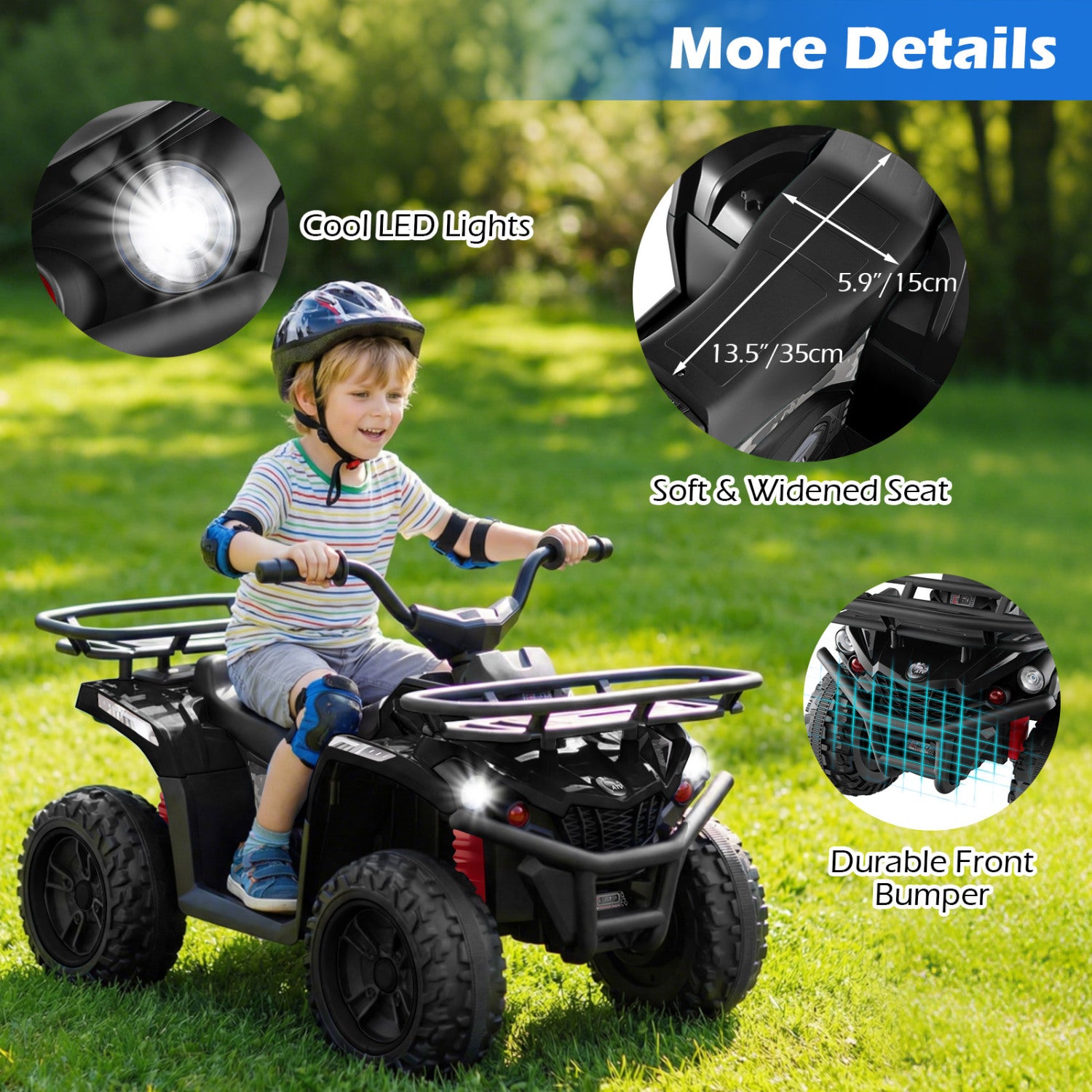 Child riding a toy ATV with details about LED lights, seat, and bumper on a grassy background