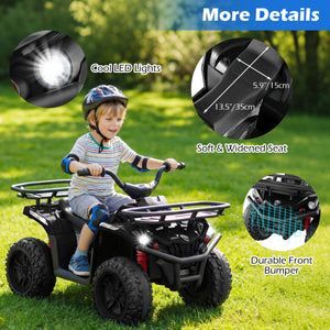 Child riding a toy ATV with details about LED lights, seat, and bumper on a grassy background