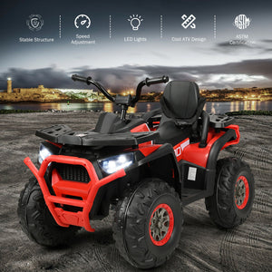 Red and black ATV with features listed on a dark background