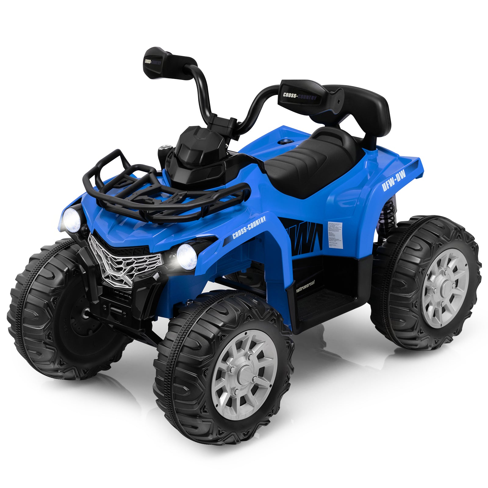 Blue toy ATV with black tires on a white background