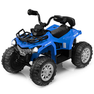 Blue toy ATV with black tires on a white background