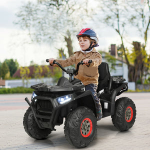 Child riding a black toy ATV on a paved path with trees in the background