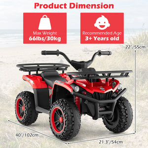 Red and black toy ATV with product dimensions and weight capacity displayed.