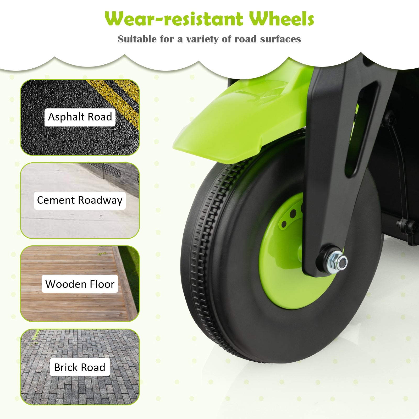 Wear-resistant wheel with green rim and black tire, shown on a white background with road surface examples.
