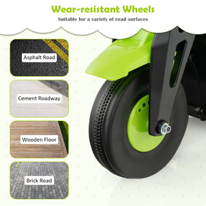 Wear-resistant wheel with green rim and black tire, shown on a white background with road surface examples.