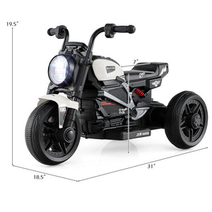 Children's toy motorcycle with dimensions displayed on a white background
