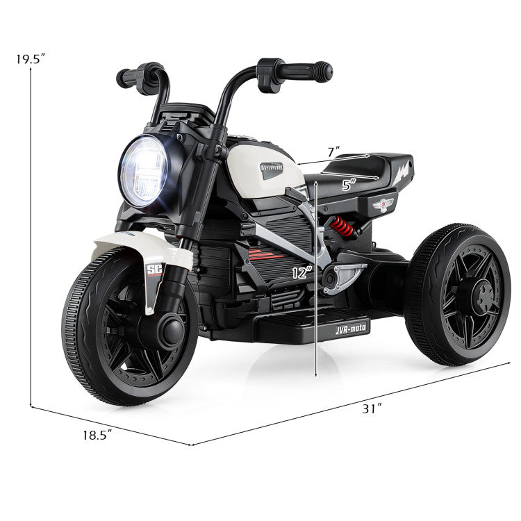 Children's toy motorcycle with dimensions displayed on a white background