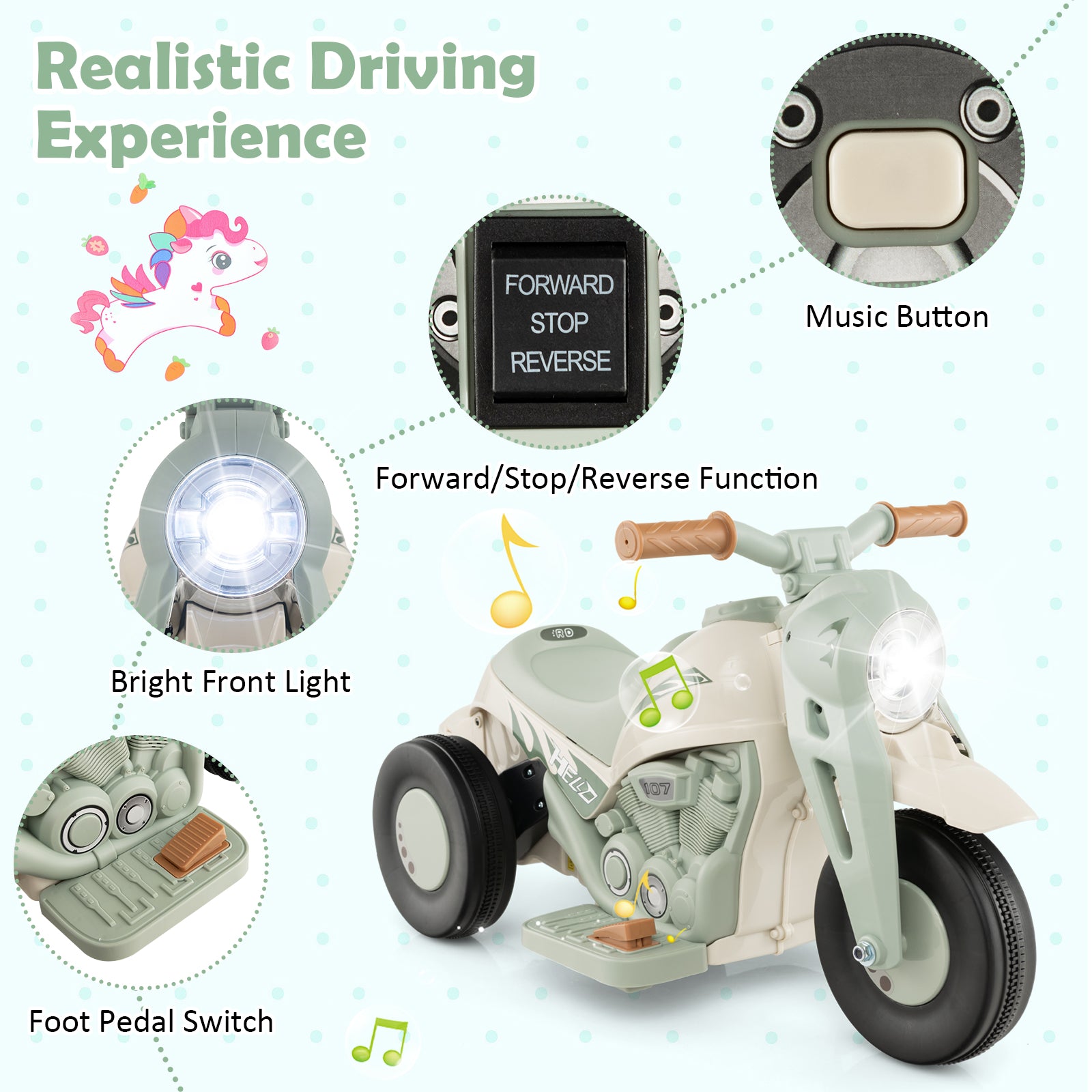 Children's toy motorcycle with features highlighted on a light blue background