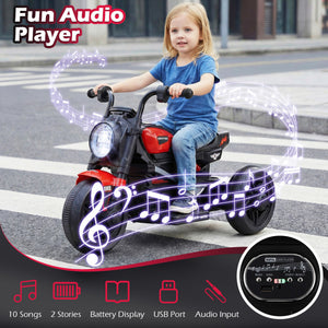 Child riding a toy motorcycle with fun audio player features on a city street.