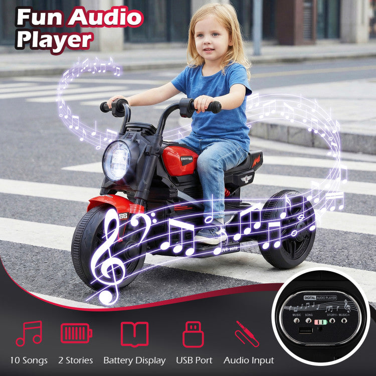 Child riding a toy motorcycle with fun audio player features on a city street.