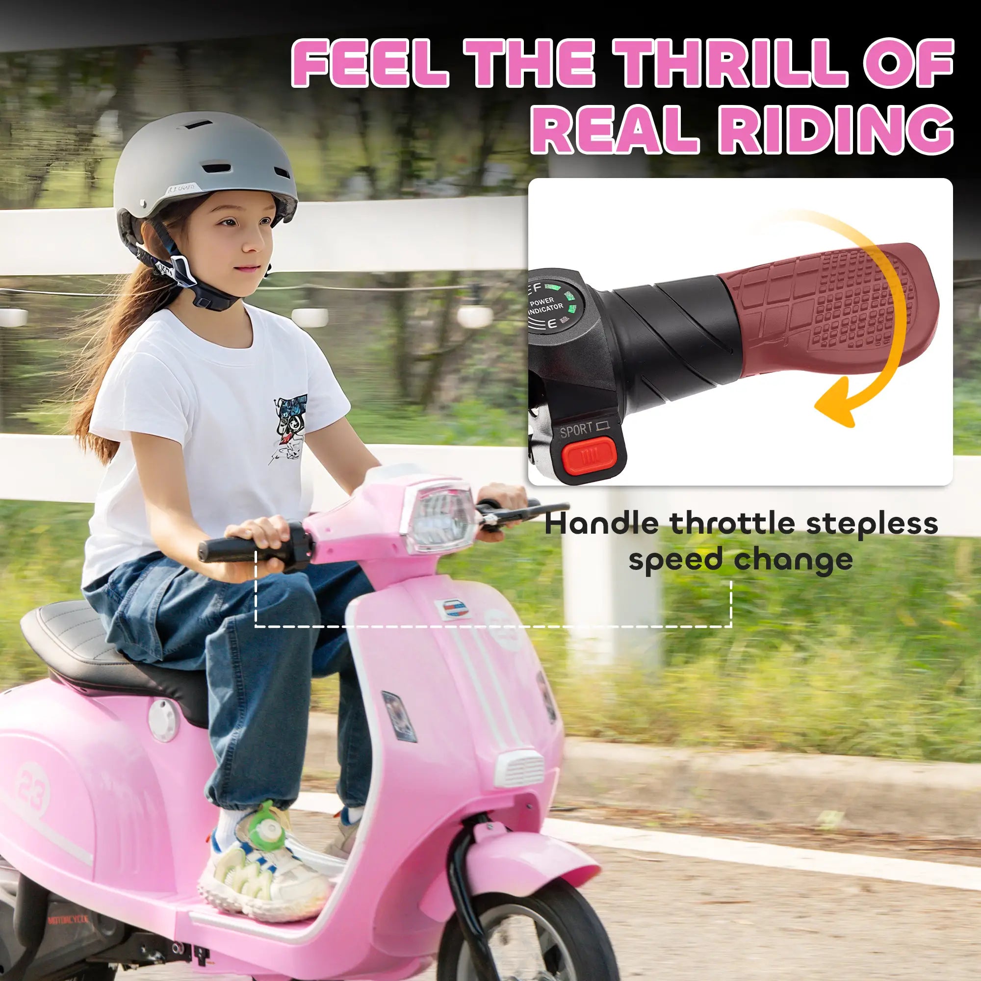 Child riding electric motorcycle outdoors