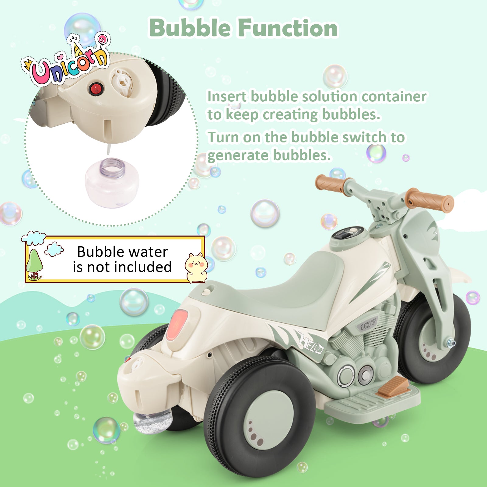 Toy motorcycle with bubble function feature on a green background