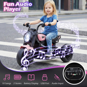 Child riding a toy motorcycle with fun audio player features on a city street.