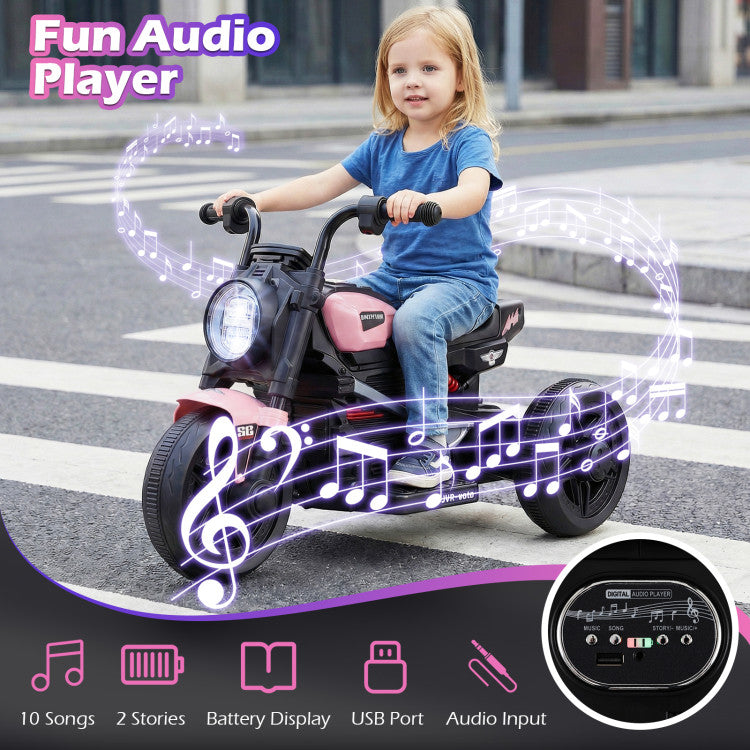 Child riding a toy motorcycle with fun audio player features on a city street.