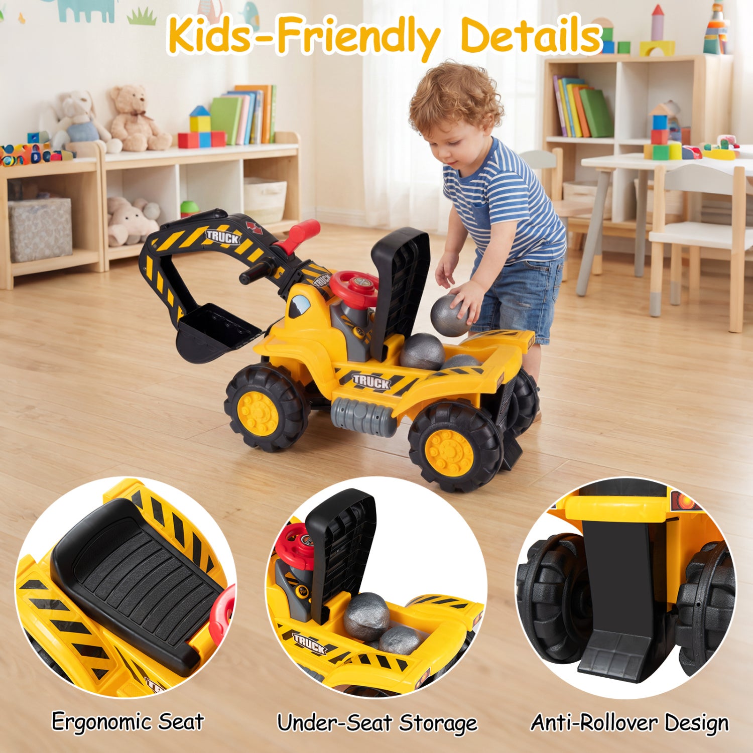 Child playing with a toy truck in a room filled with toys and books.
