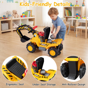 Child playing with a toy truck in a room filled with toys and books.