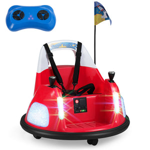 Red toy car with blue remote control and flag on a white background
