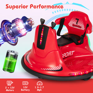 Red toy car with LED lights and battery icon on a white background