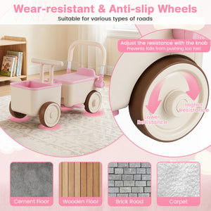 Children's push cart with wear-resistant and anti-slip wheels, shown on various types of flooring.