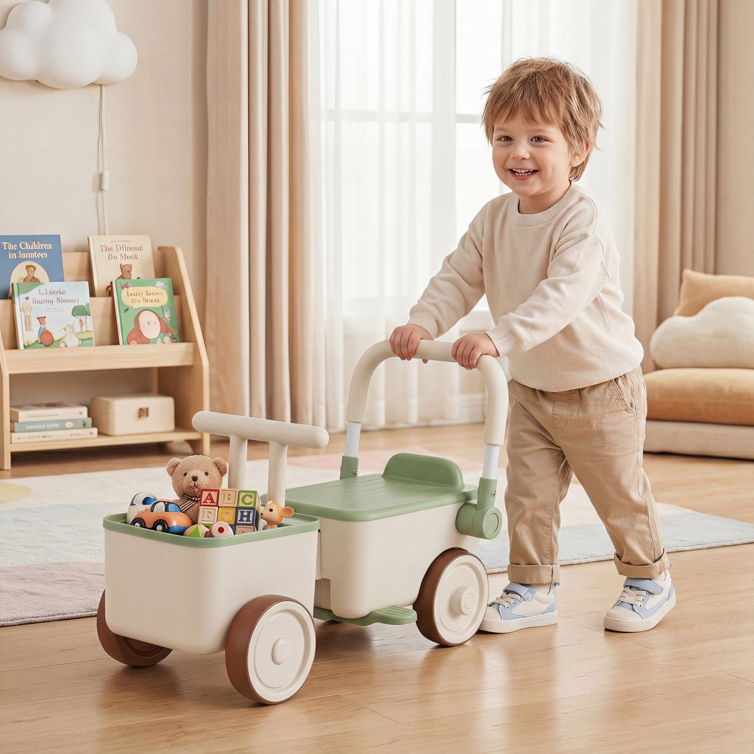 Child playing with a toy cart in a living room