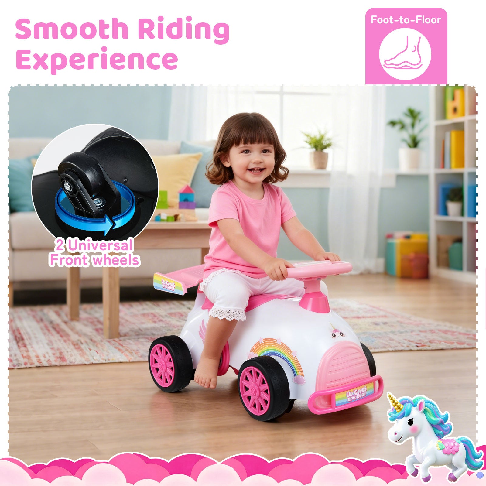 Child sitting on a pink and white toy car with unicorn design in a room.