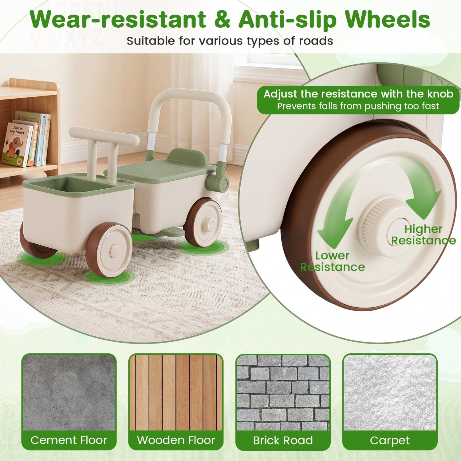 Child's tricycle with wear-resistant and anti-slip wheels, shown on various types of flooring.