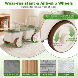 Child's tricycle with wear-resistant and anti-slip wheels, shown on various types of flooring.
