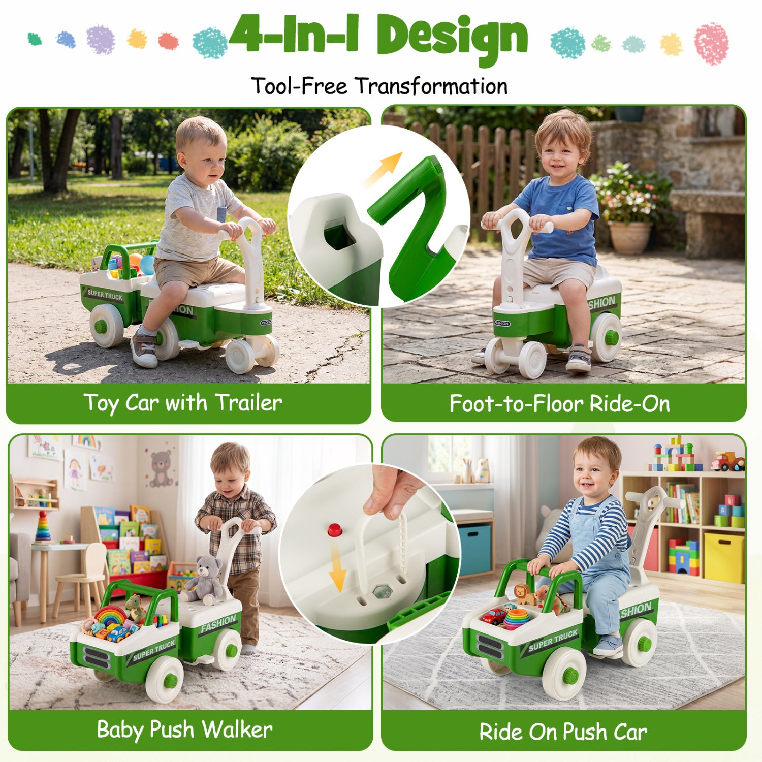 Multifunctional children's toy with various uses including a toy car with trailer, foot-to-floor ride-on, baby push walker, and ride-on push car.