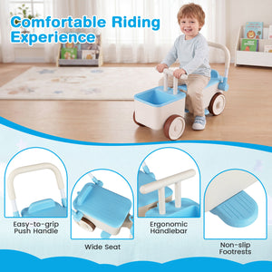 Child riding a toy vehicle with features highlighted on a blue banner