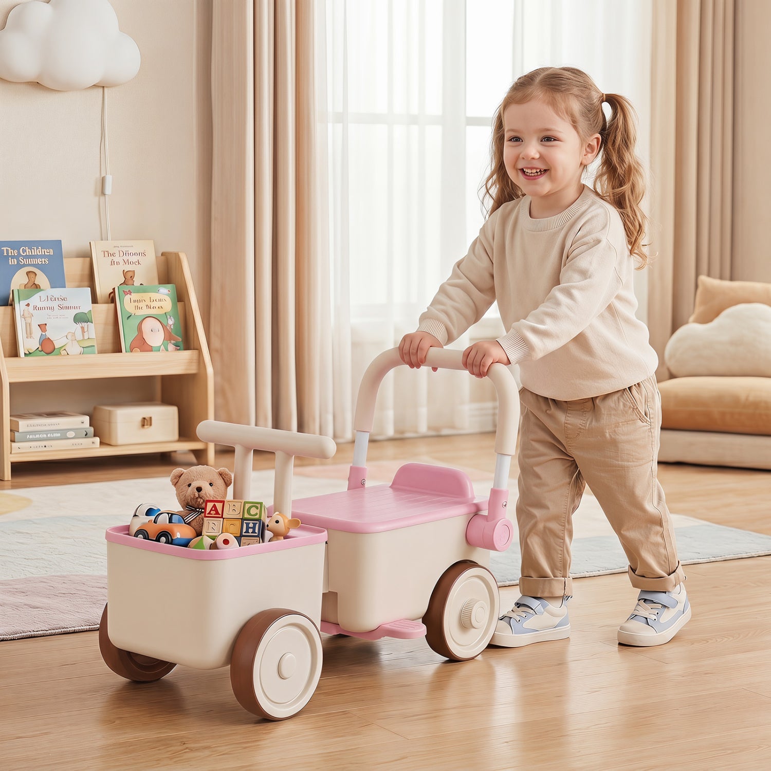 Child playing with a toy car and wagon in a bright living room.