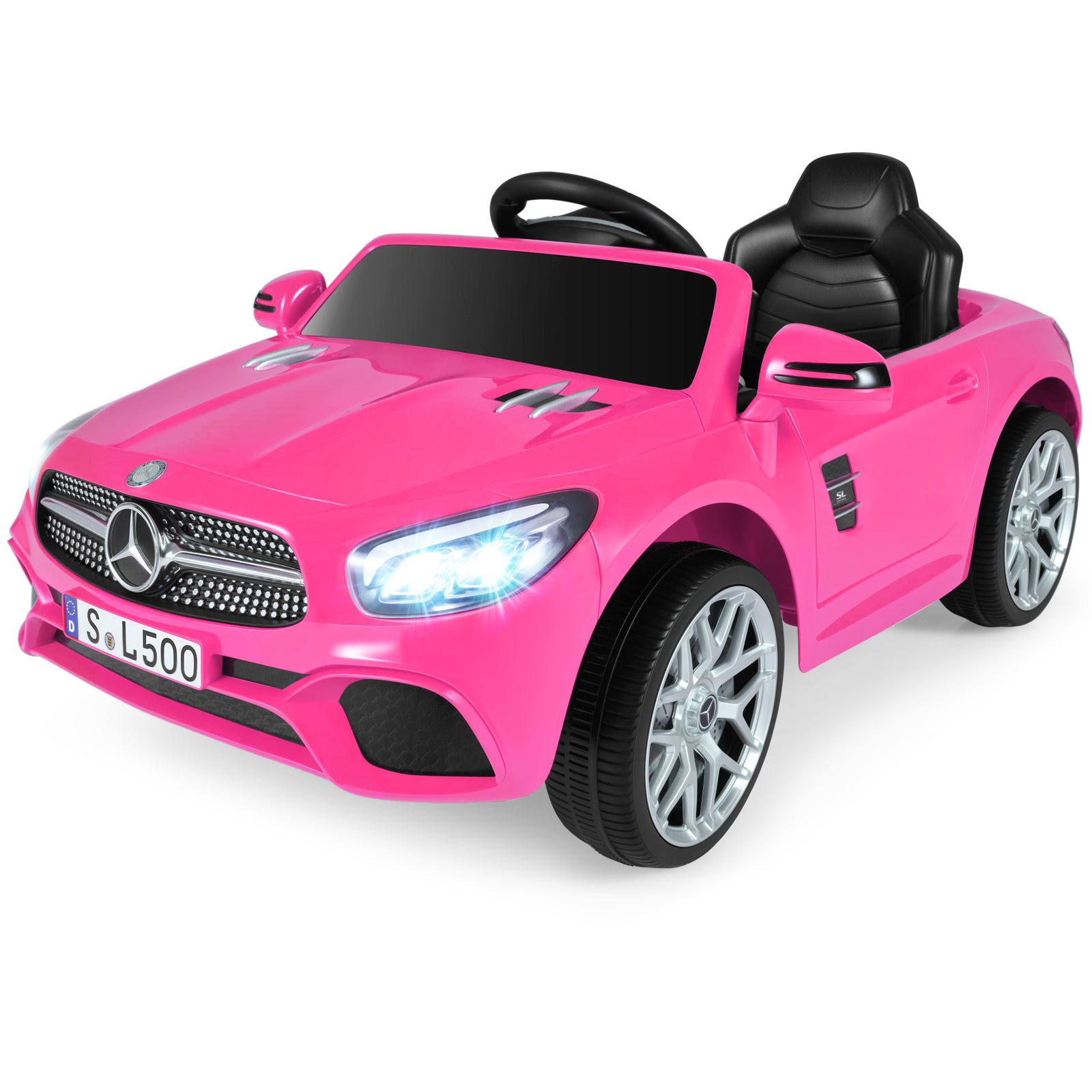 Pink toy car with Mercedes-Benz logo on a white background