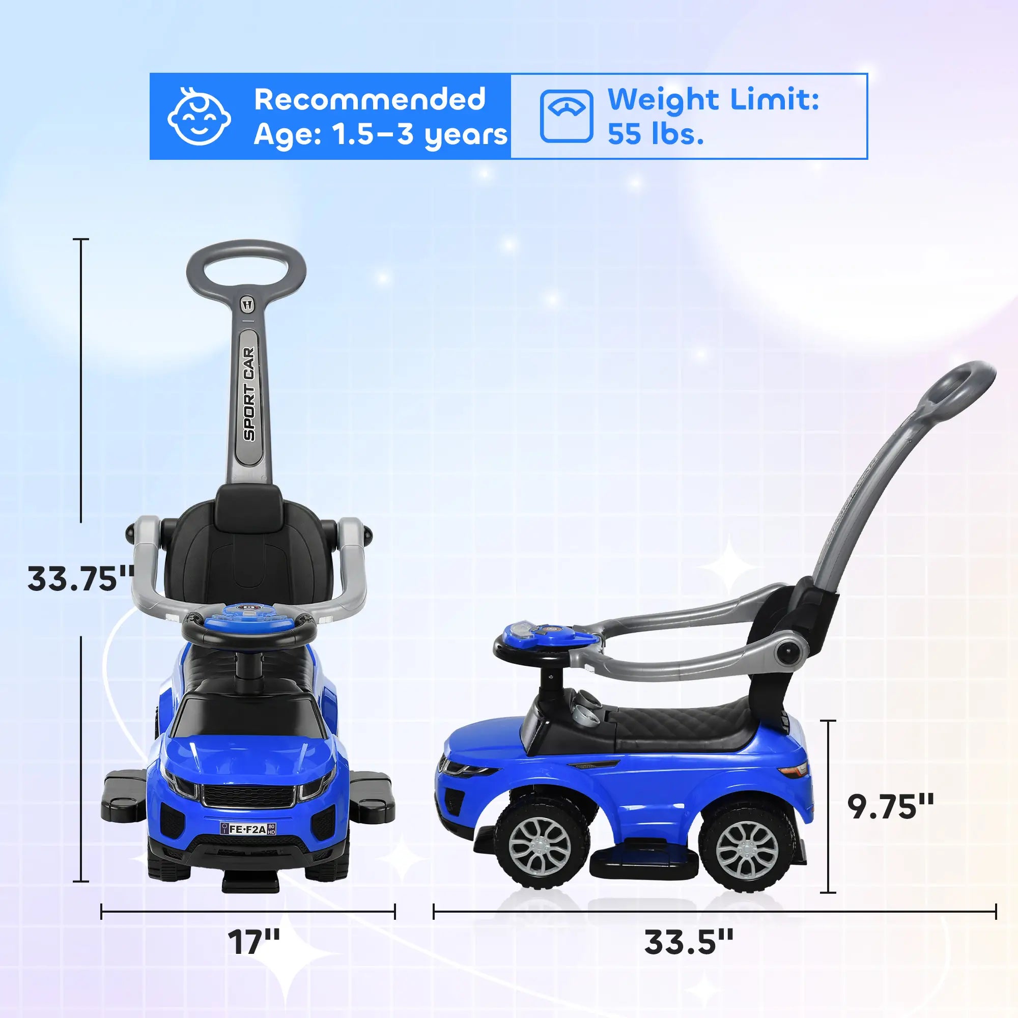 Blue children's ride-on toy with dimensions and weight limit information on a light blue background.