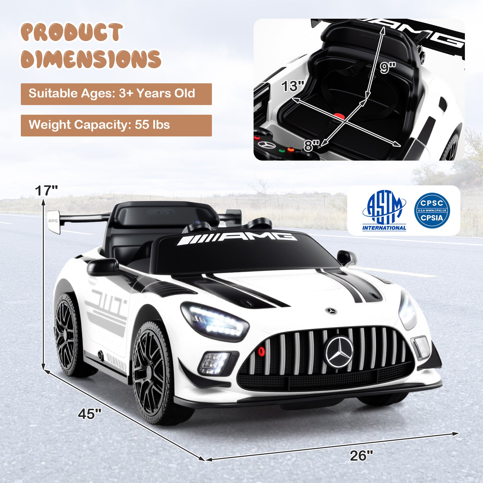 Children's toy car with dimensions and safety certification logos on a light gray background